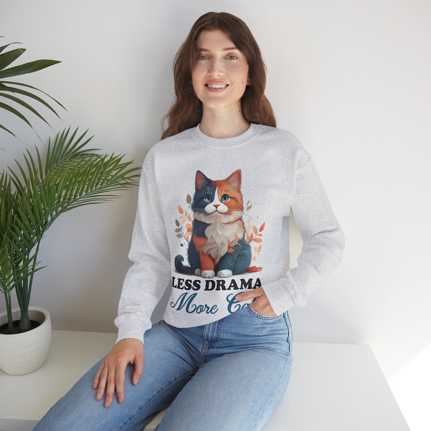 Less Drama, More Cats – Purrfect Peace in Style 🐾✨ - Cat Lover Crewneck Sweatshirt | Less Drama More Cats | Cozy Gift for Cat Owners, Animal Lovers, Cute Cat Sweatshirt