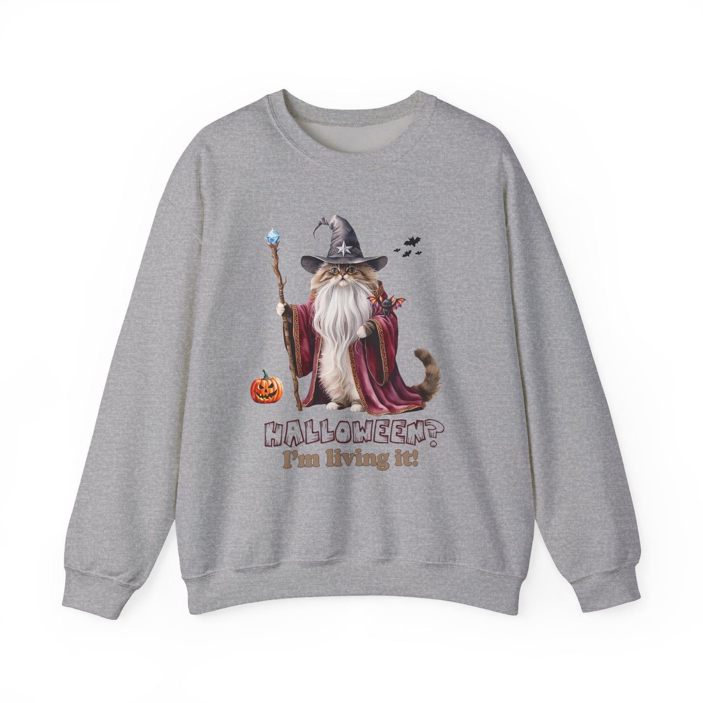 🧙 Living the Spell: Wizardry, Whimsy & Halloween Cheer 🎃 - Halloween Wizard Sweatshirt, Unisex Crewneck for Fall, Cozy Gift for Cat Lovers, Spooky Season Apparel, Fun Costume Alternative