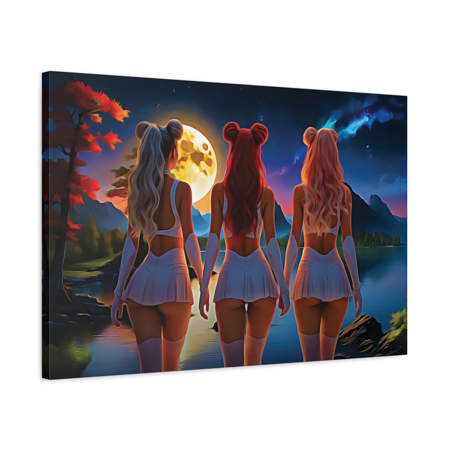🌌 Moon Sisters: Unity in Light, Magic in MotionCanvas Wall Art - Enchanting Moonlit Retreat, Bohemian Decor, Gift for Friends, Home Decor, Unique Wall Art, Girls Night In