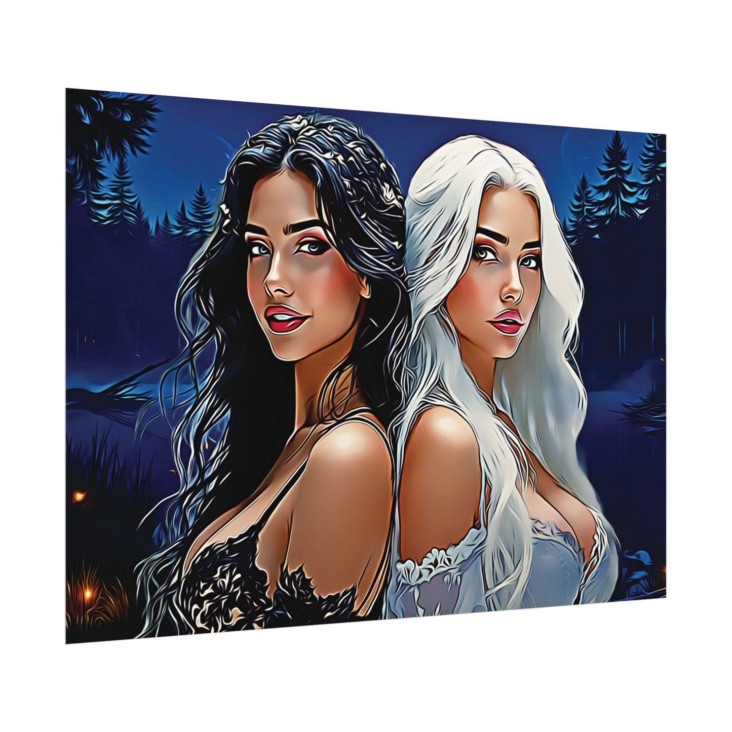 Moonlit Sisters of Opposites – Enchanted Night Art of Balance, Beauty, and Timeless Harmony - Mystical Duo Rolled Posters | Ethereal Art for Witchy Decor, Fantasy Wall Art, Gift for Her, Boho Home, Unique Prints