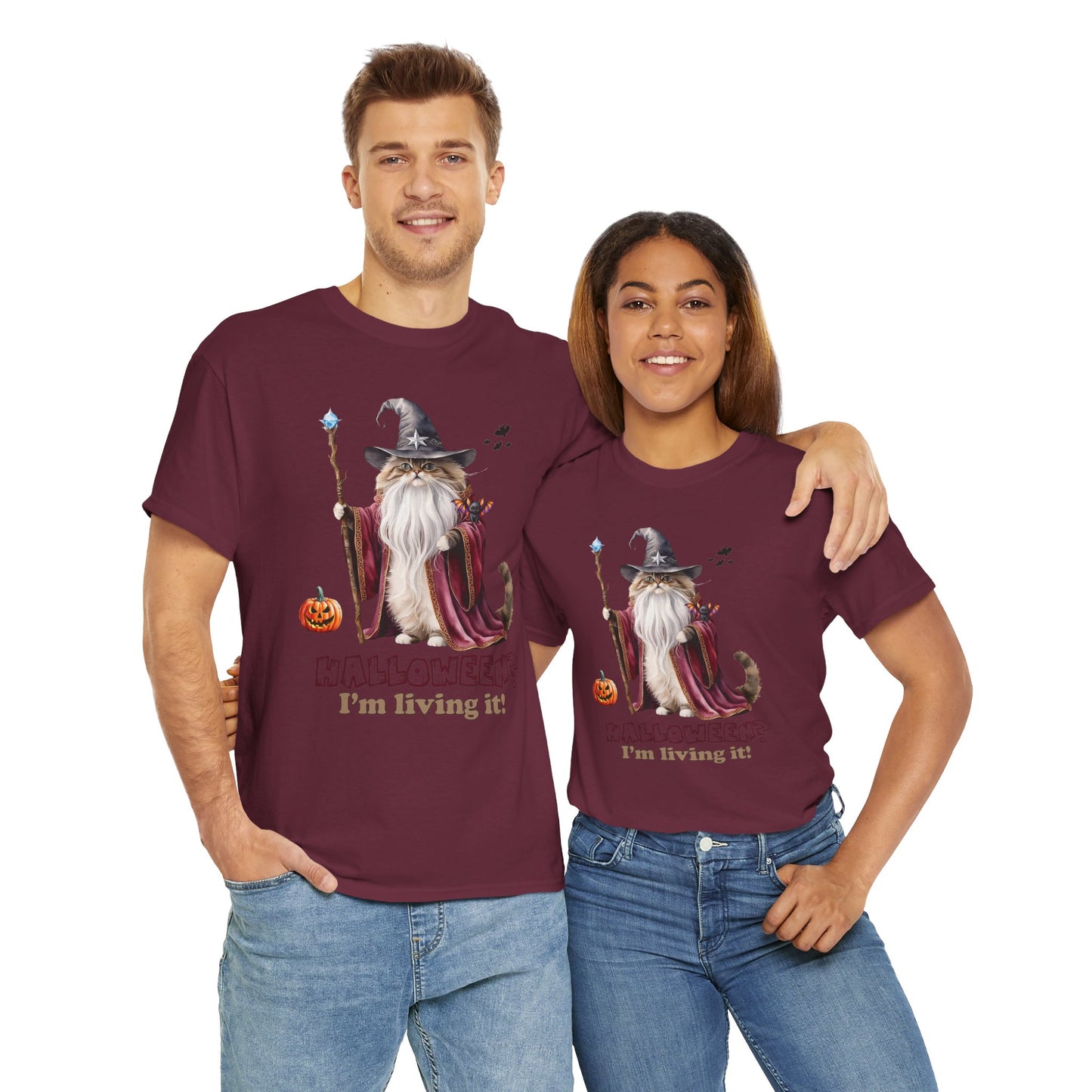 🧙 Living the Spell: Wizardry, Whimsy & Halloween CheerHalloween Wizard Cat Tee - 🎃 Spooky Unisex Cotton Shirt, Witchy T-Shirt, Fall Fashion, Gift for Cat Lovers, Halloween Costume, Relaxed Fit