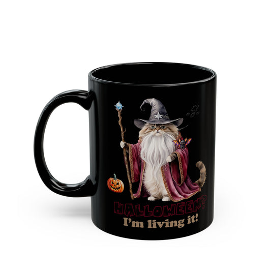 🧙 Title: Living the Spell: Wizardry, Whimsy & Halloween Cheer 🎃 - Halloween Cat Mug - I'm Living It, Witch Mug, Black Coffee Cup, Gift for Cat Lovers, Halloween Decor, Spooky Kitchenware