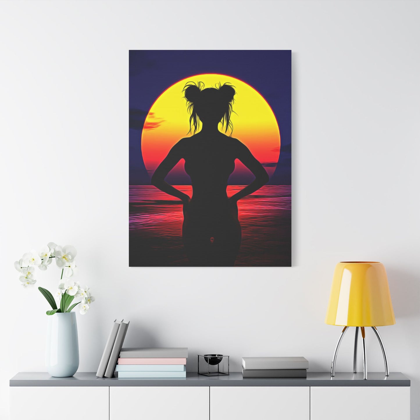 Solar Silhouette: Embrace Inner Strength in the Golden Sunset Glow - Sunset Silhouette Stretched Canvas Art | Boho Home Decor, Beach Wall Art, Unique Gift, Summer Vibes, Relaxing Artwork