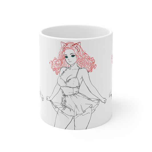 Cute Cat Ear Illustration Ceramic Mug, Gift, Kawaii Style Coffee Cup, Girly Home Decor, Fun Birthday Present