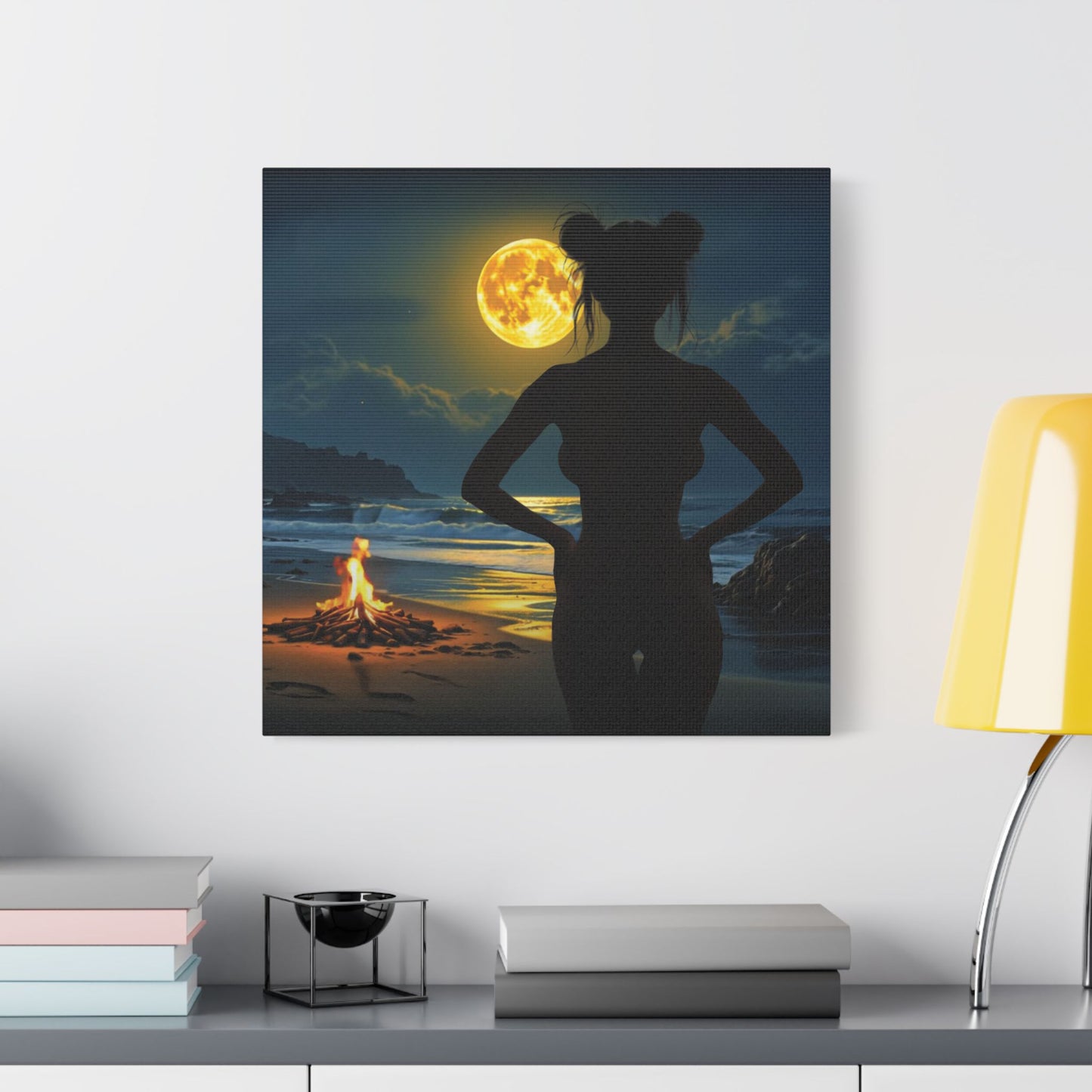 Roxie’s Midnight Swim – Moonlit Beach - Satin Canvas Print, Wall Art for Home Decor, Nighttime Serenity, Coastal Vibes, Gift for Nature Lovers, Personalized Artwork