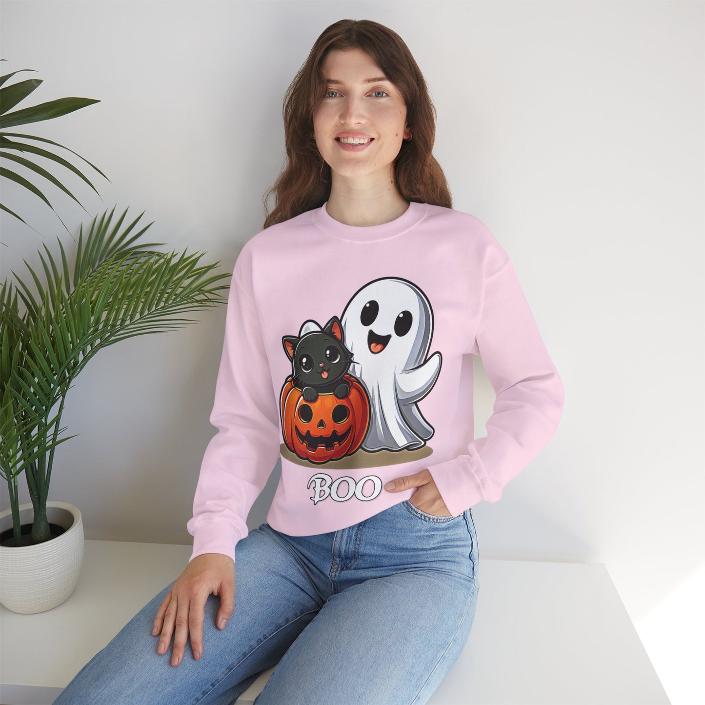 Spooky Smiles & Cozy Vibes – Halloween Boo Pumpkin Ghost Cat Edition - Cute Halloween Crewneck Sweatshirt with Ghost and Cat Design, Cozy Fall Apparel, Perfect for Spooky Season, Unisex Halloween Sweater, [...]