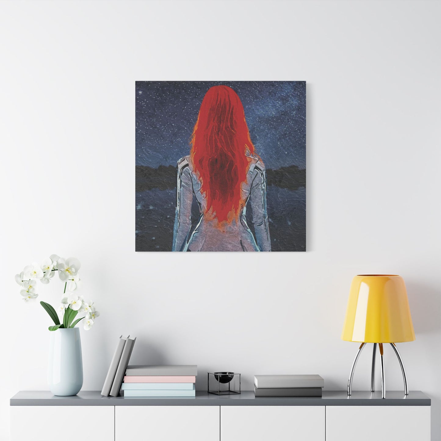 'Red' Scarlet Veil Over Starry Depths: Embrace the Cosmic Red Journey Within - Canvas Art Print: Starry Night with Red-Haired Woman, Wall Decor for Dreamers, Stretched Art, Unique Home Gift, Modern Living Room Decor