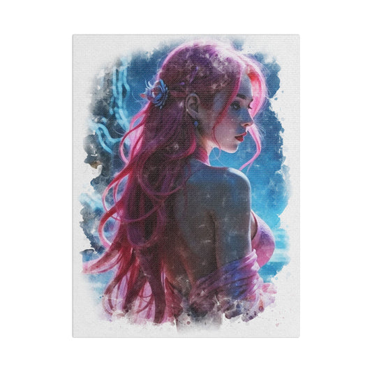 Radiance in Serenity – Ethereal Watercolor Portrait of Grace and Beauty - Stretched Canvas Art Print, Vibrant Portrait Wall Decor, Fantasy Home Decoration, Gift for Art Lovers, Unique Artwork for Any Space