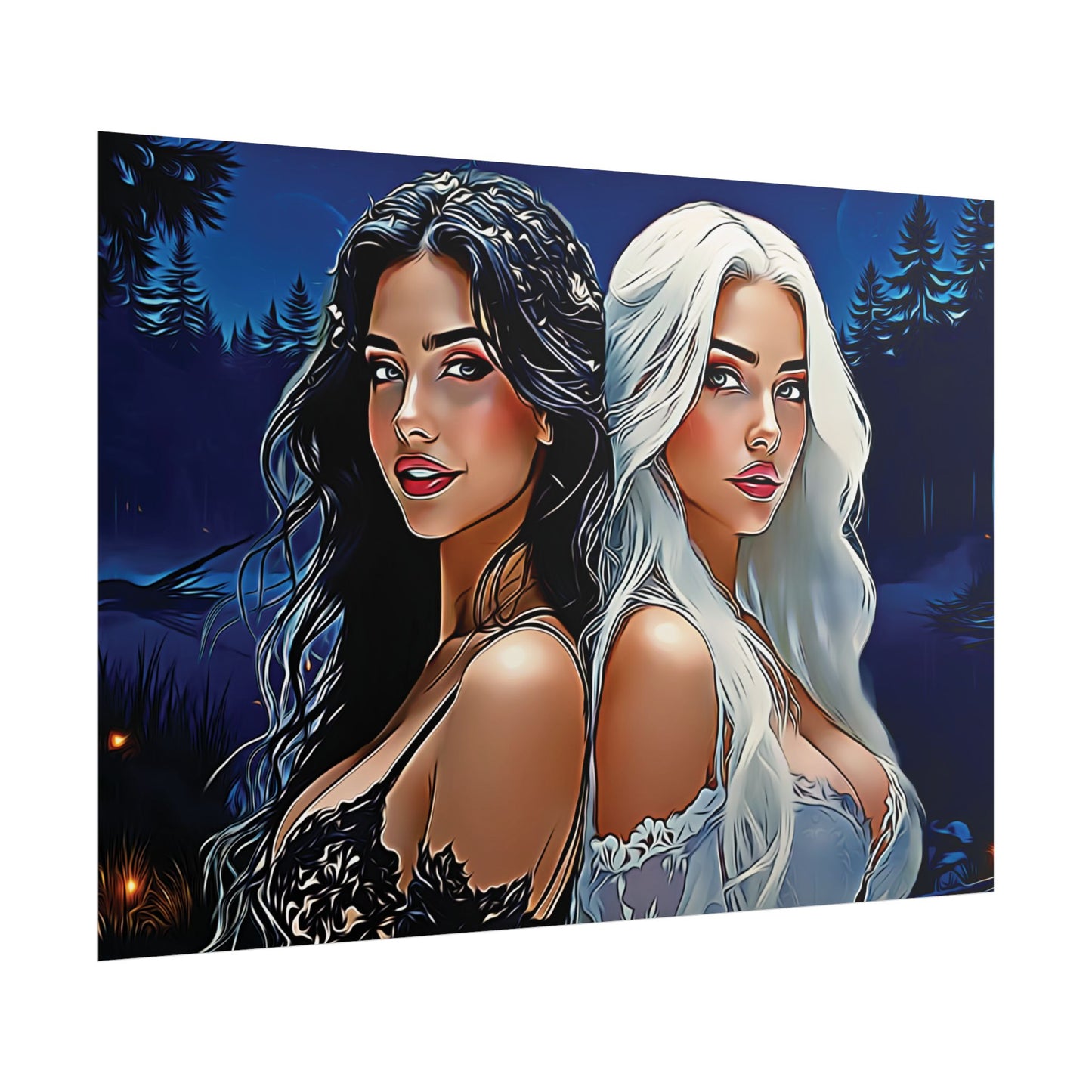 Moonlit Sisters of Opposites – Enchanted Night Art of Balance, Beauty, and Timeless Harmony - Mystical Duo Rolled Posters | Ethereal Art for Witchy Decor, Fantasy Wall Art, Gift for Her, Boho Home, Unique Prints