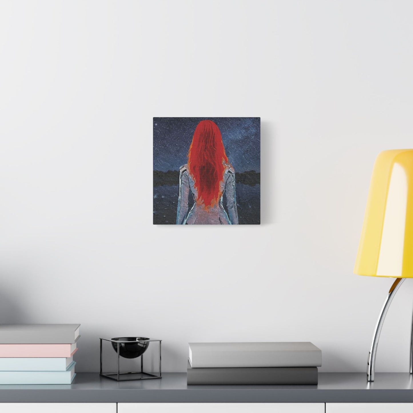 'Red' Scarlet Veil Over Starry Depths: Embrace the Cosmic Red Journey Within - Canvas Art Print: Starry Night with Red-Haired Woman, Wall Decor for Dreamers, Stretched Art, Unique Home Gift, Modern Living Room Decor