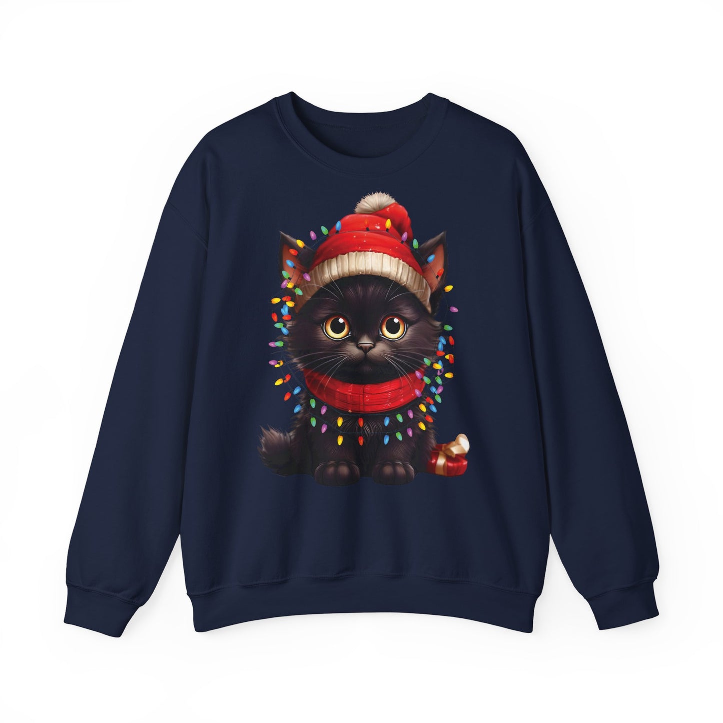 Holiday Heart: Kitten Wrapped in Christmas Lights - Festive Cat Crewneck Sweatshirt - Cozy Holiday Apparel, Warm Gift, Cute Winter Style, Pet Lover Sweatshirt, Christmas Sweater Alternative