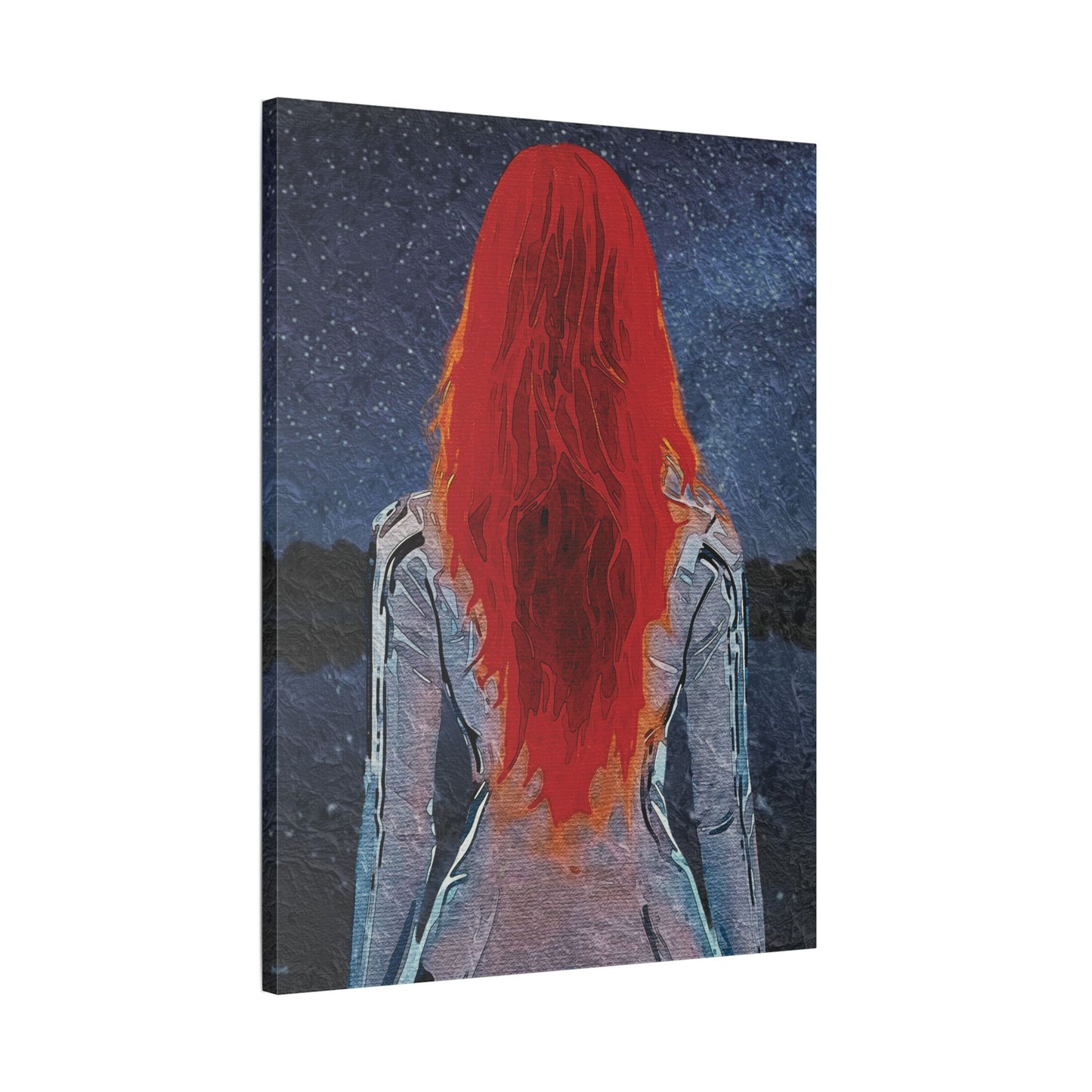 'Red' Scarlet Veil Over Starry Depths: Embrace the Cosmic Red Journey Within - Canvas Art Print: Starry Night with Red-Haired Woman, Wall Decor for Dreamers, Stretched Art, Unique Home Gift, Modern Living Room Decor