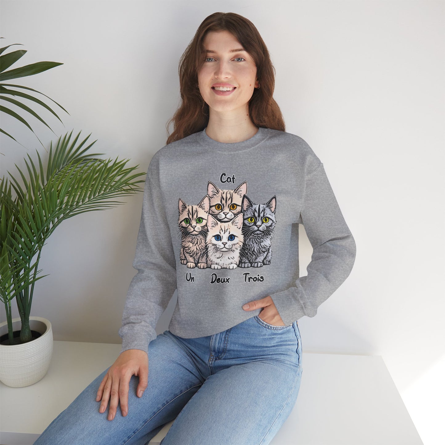 Un, Deux, Trois, Cat: Purrfect Counting Cuteness - Cat Lover Crewneck Sweatshirt, Cozy Pet Sweatshirt, Gift for Cat Owners, Cute Animal Apparel, Cat-Themed Fashion