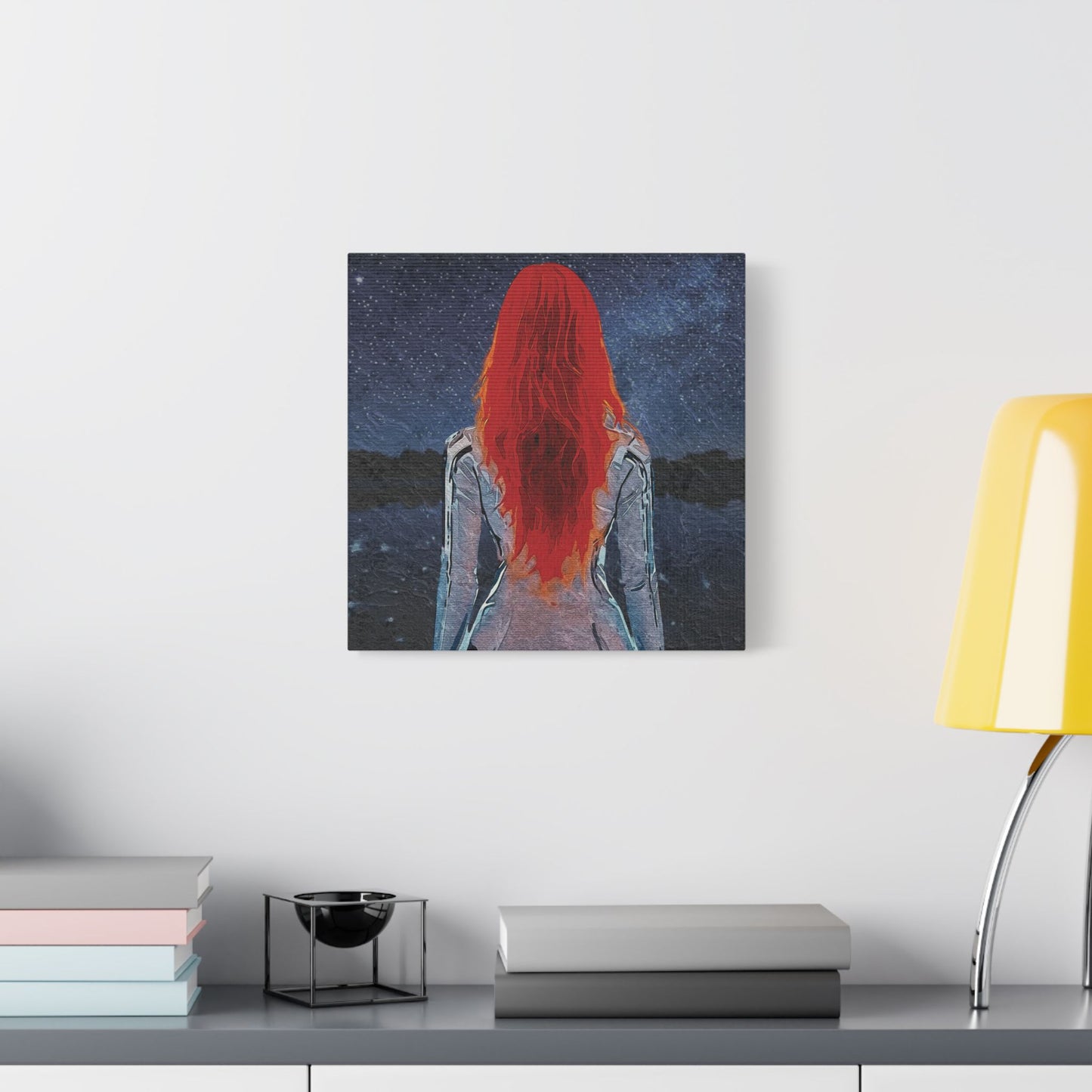 'Red' Scarlet Veil Over Starry Depths: Embrace the Cosmic Red Journey Within - Canvas Art Print: Starry Night with Red-Haired Woman, Wall Decor for Dreamers, Stretched Art, Unique Home Gift, Modern Living Room Decor