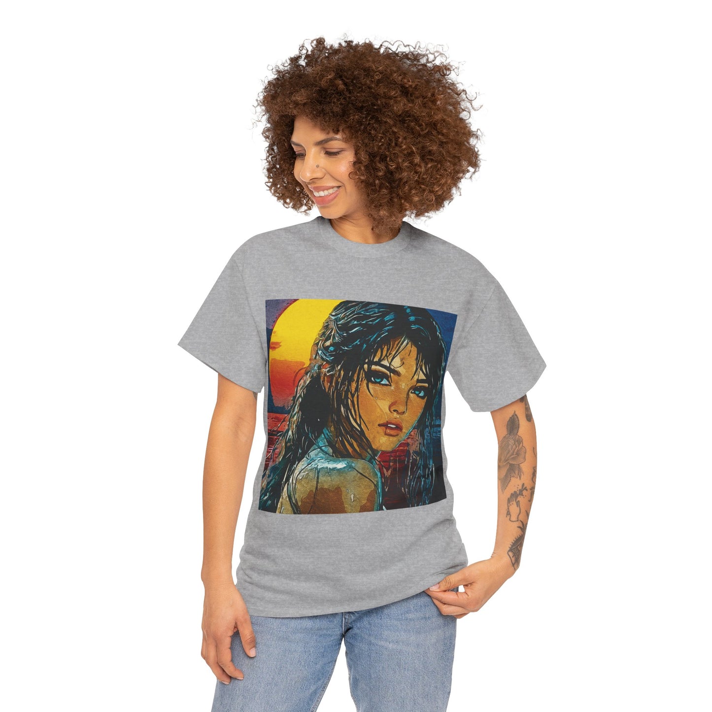 "Golden Hour Goddess: Vibrant Pop Art Vision" - Sunset Dreamer Unisex Heavy Cotton Tee - Vintage Art T-Shirt, Graphic Tee, Casual Wear, Unique Gift Idea, Summer Fashion