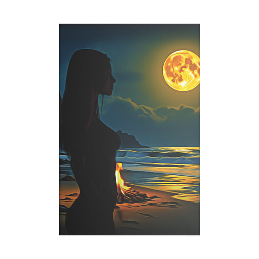 Moonfire Calm – Where Ocean Light Meets Inner Glow 🌕🔥 - Moonlit Beach Canvas Art, Nautical Decor for Home, Coastal Aesthetic, Perfect for Living Room, Gift for Ocean Lovers