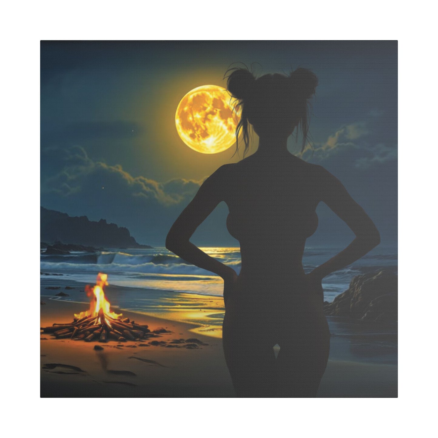 Roxie’s Midnight Swim – Moonlit Beach - Satin Canvas Print, Wall Art for Home Decor, Nighttime Serenity, Coastal Vibes, Gift for Nature Lovers, Personalized Artwork
