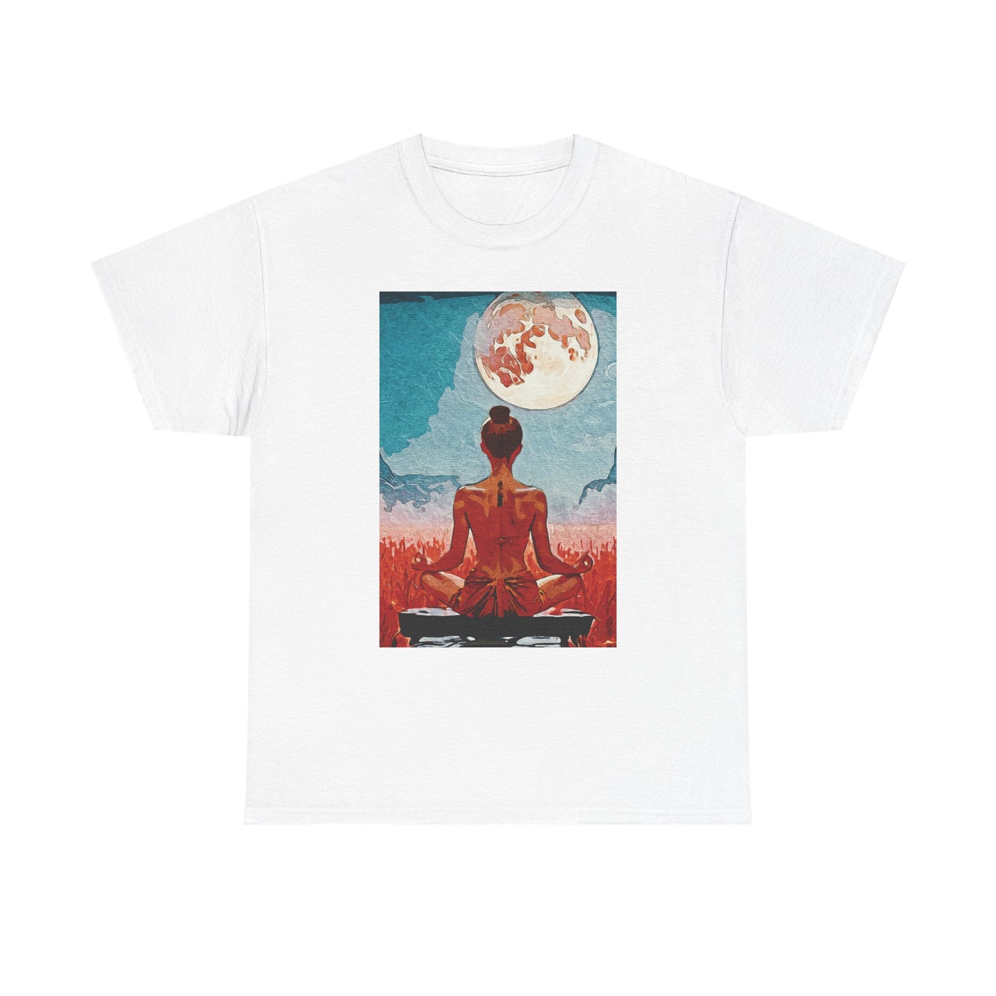 ✨Serenity Under the Full Moon - Meditative Moon Unisex Heavy Cotton Tee - Mindfulness Gift, Spiritual Shirt, Yoga Apparel, Zen Fashion, Moon Lover Gift