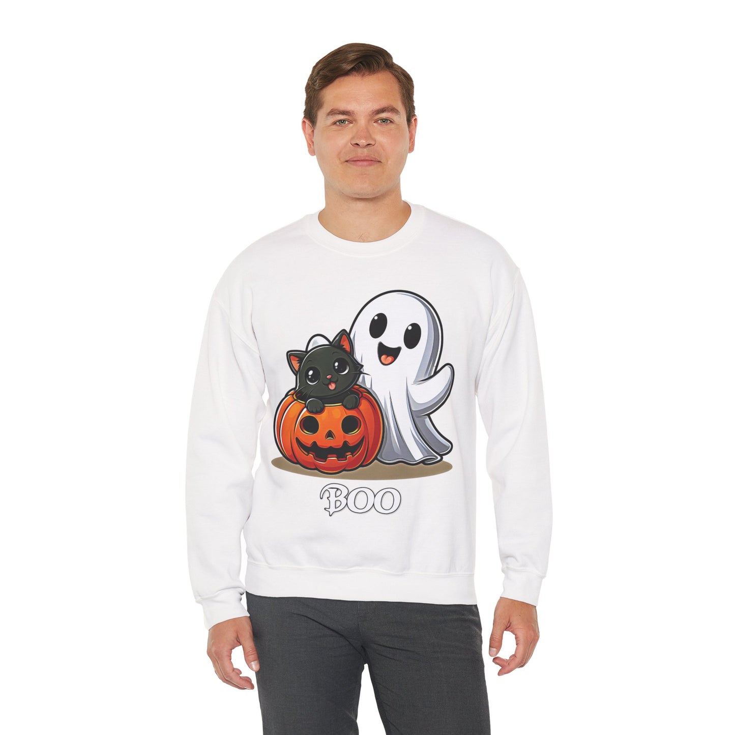 Spooky Smiles & Cozy Vibes – Halloween Boo Pumpkin Ghost Cat Edition - Cute Halloween Crewneck Sweatshirt with Ghost and Cat Design, Cozy Fall Apparel, Perfect for Spooky Season, Unisex Halloween Sweater, [...]