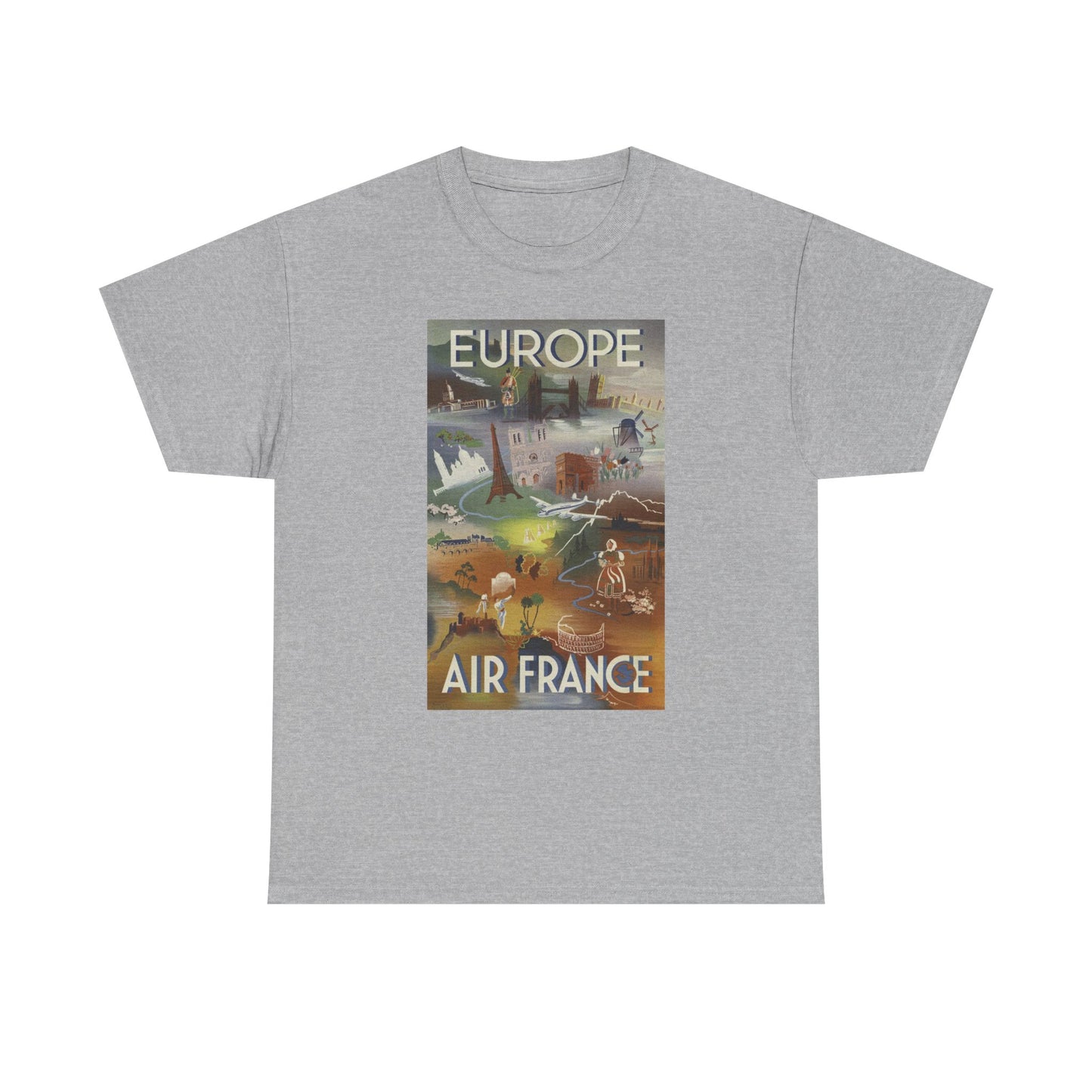 Vintage Air France 1948: Retro Travel Poster Celebrating Europe’s Beauty, Adventure, and Timeless Wanderlust - Unisex Heavy Cotton Tee