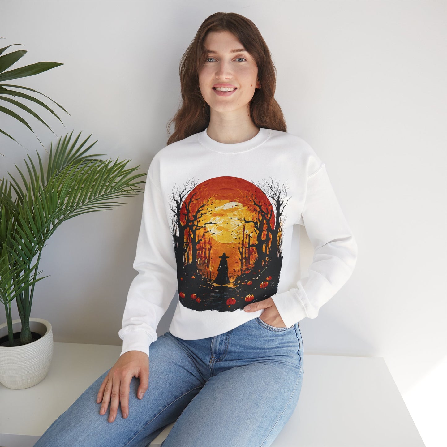 Moonlit Mischief: Autumn’s Enchanted Glow for Sweatshirts, mugs and more - Autumn Sunset Witch Sweatshirt - Cozy Unisex Crewneck for Fall, Halloween, Pumpkin Spice Lovers, Seasonal Fashion, Gift Idea