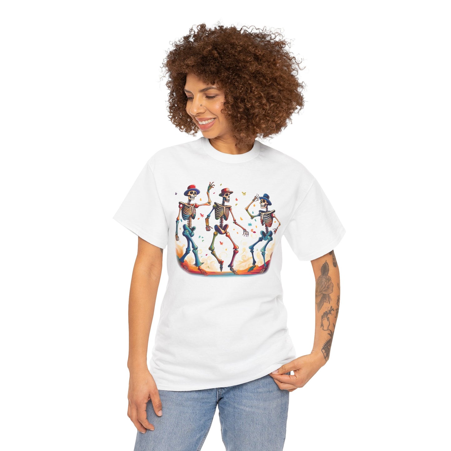 Dancing Skeletons Halloween Party - Spooky Fun Celebration Art - Festive Autumn Spirit Collection - Colorful Skeleton Dance Tee, Casual Halloween T-Shirt, Unique Gift for Parties, Unisex Graphic Shirt, Fun Everyday Wear