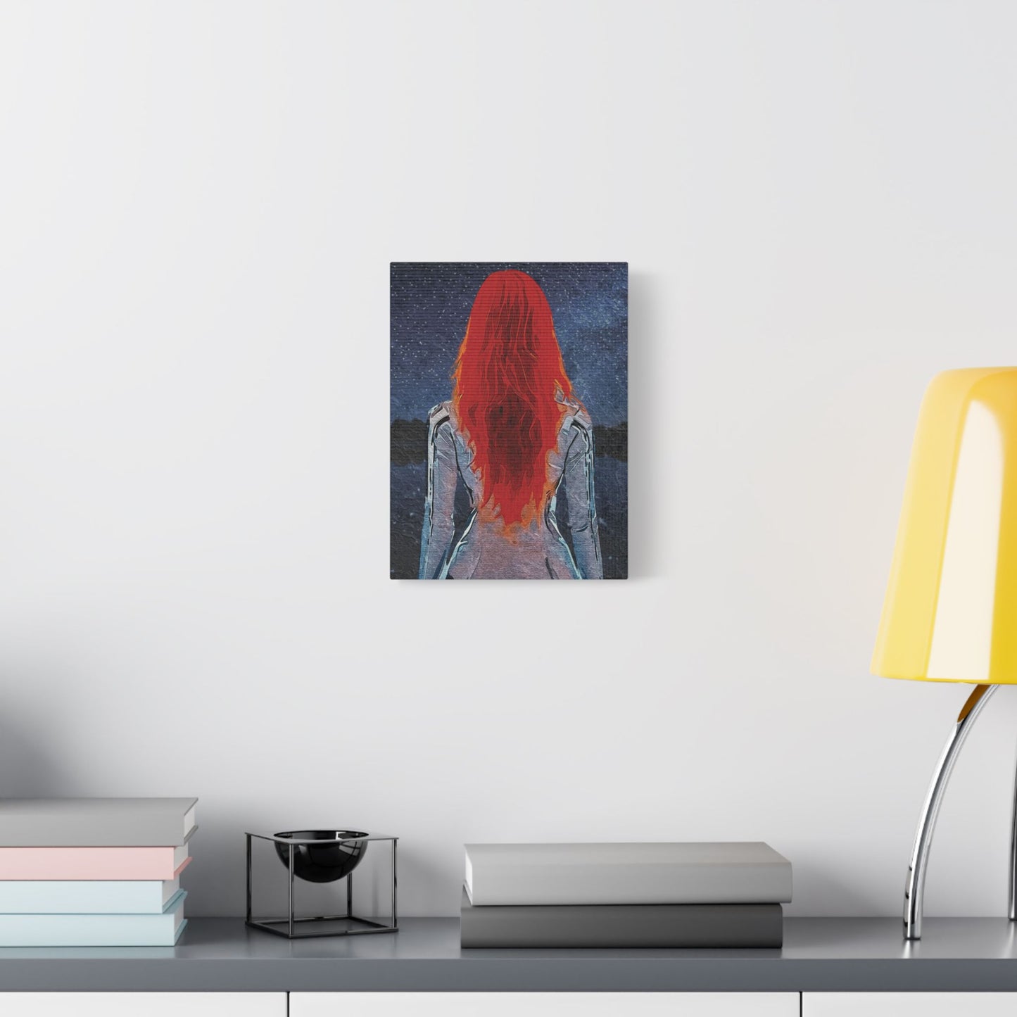 'Red' Scarlet Veil Over Starry Depths: Embrace the Cosmic Red Journey Within - Canvas Art Print: Starry Night with Red-Haired Woman, Wall Decor for Dreamers, Stretched Art, Unique Home Gift, Modern Living Room Decor