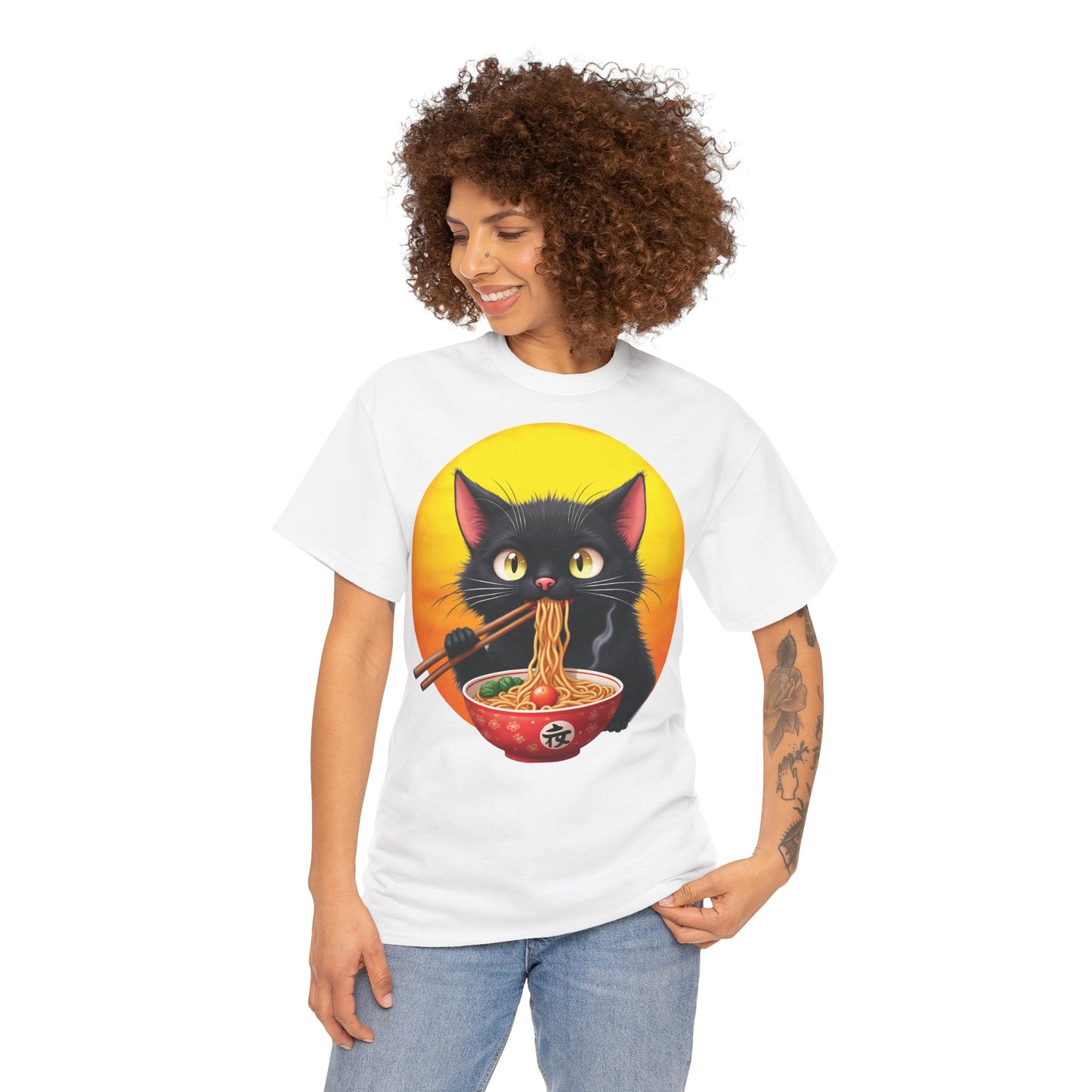 Ramen Cat Magic – Whiskers, Noodles & Sunshine Vibes - Ramen Cat - Cute Cat with Bowl of Noodles Unisex Heavy Cotton Tee