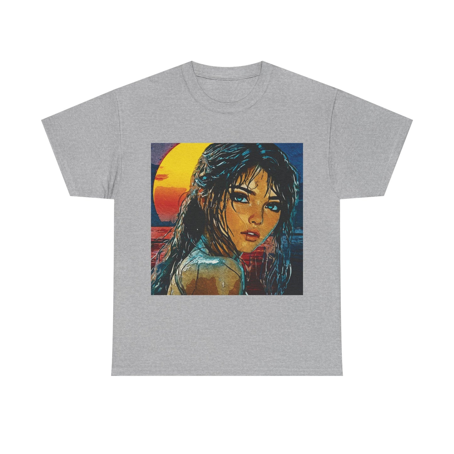 "Golden Hour Goddess: Vibrant Pop Art Vision" - Sunset Dreamer Unisex Heavy Cotton Tee - Vintage Art T-Shirt, Graphic Tee, Casual Wear, Unique Gift Idea, Summer Fashion
