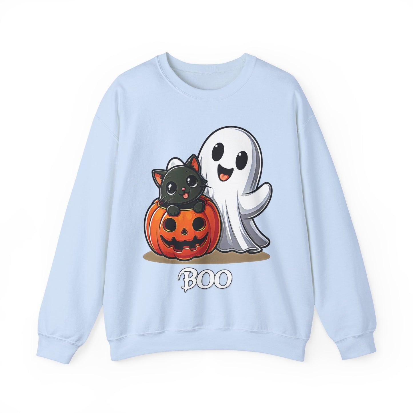 Spooky Smiles & Cozy Vibes – Halloween Boo Pumpkin Ghost Cat Edition - Cute Halloween Crewneck Sweatshirt with Ghost and Cat Design, Cozy Fall Apparel, Perfect for Spooky Season, Unisex Halloween Sweater, [...]