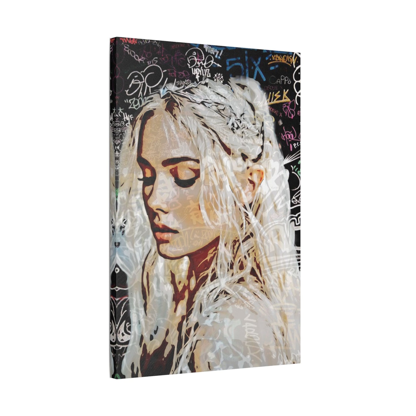 "Urban Dreams: Street Art Portrait of Hope and Beauty Emerging from City's Creative Soul" - Satin Canvas Art Print, Stretched Wall Decor, Girl Portrait, Abstract Graffiti Design, Unique Home Decor, Gift for Art Lovers