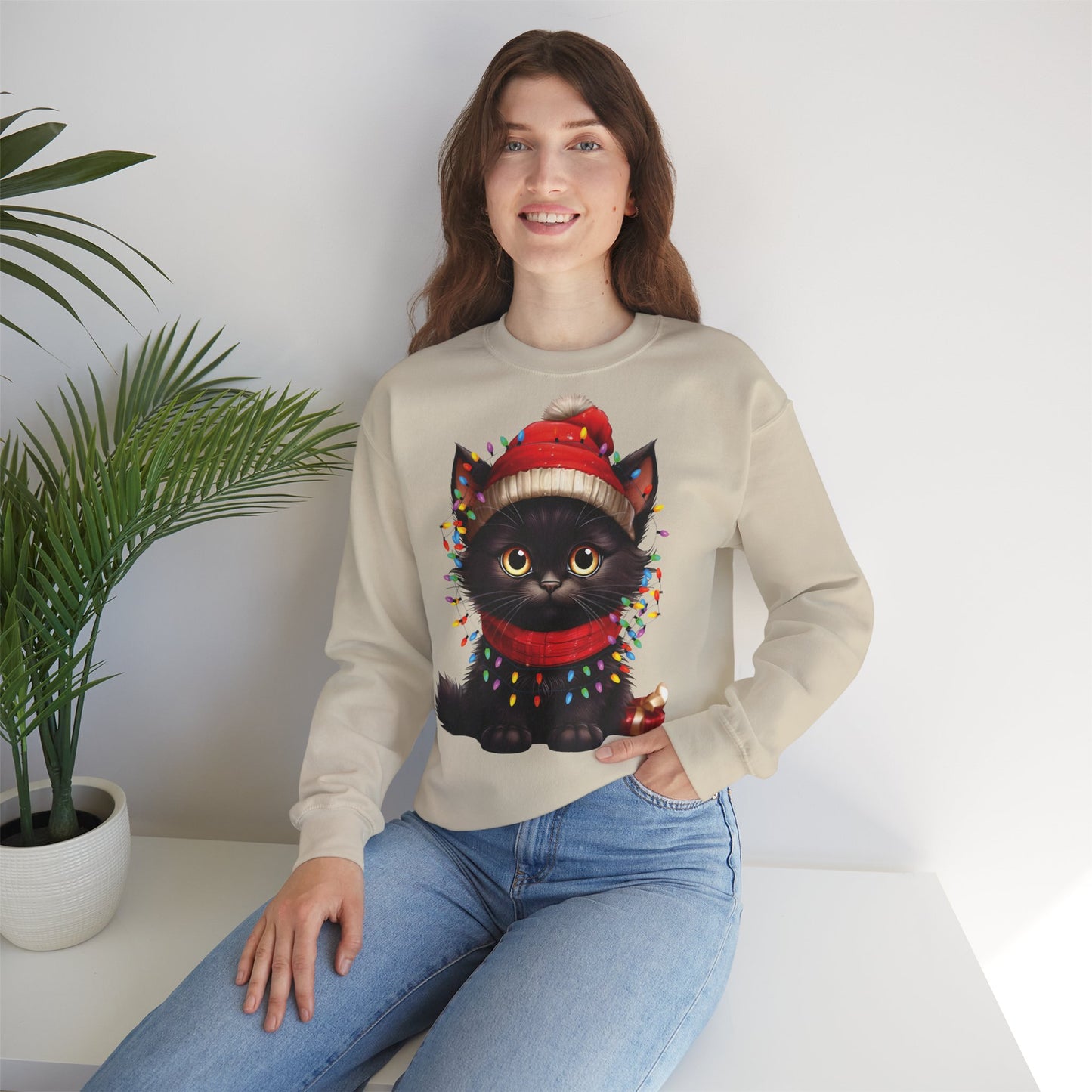 Holiday Heart: Kitten Wrapped in Christmas Lights - Festive Cat Crewneck Sweatshirt - Cozy Holiday Apparel, Warm Gift, Cute Winter Style, Pet Lover Sweatshirt, Christmas Sweater Alternative