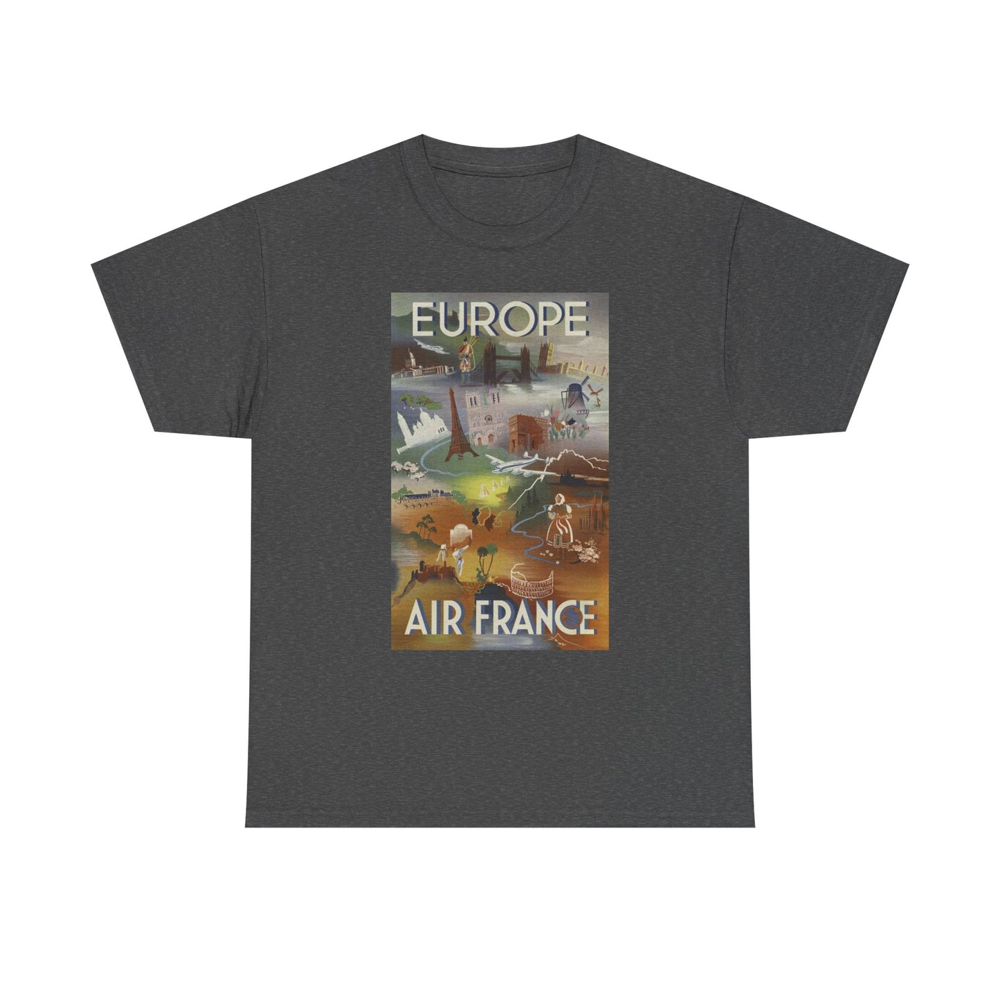 Vintage Air France 1948: Retro Travel Poster Celebrating Europe’s Beauty, Adventure, and Timeless Wanderlust - Unisex Heavy Cotton Tee
