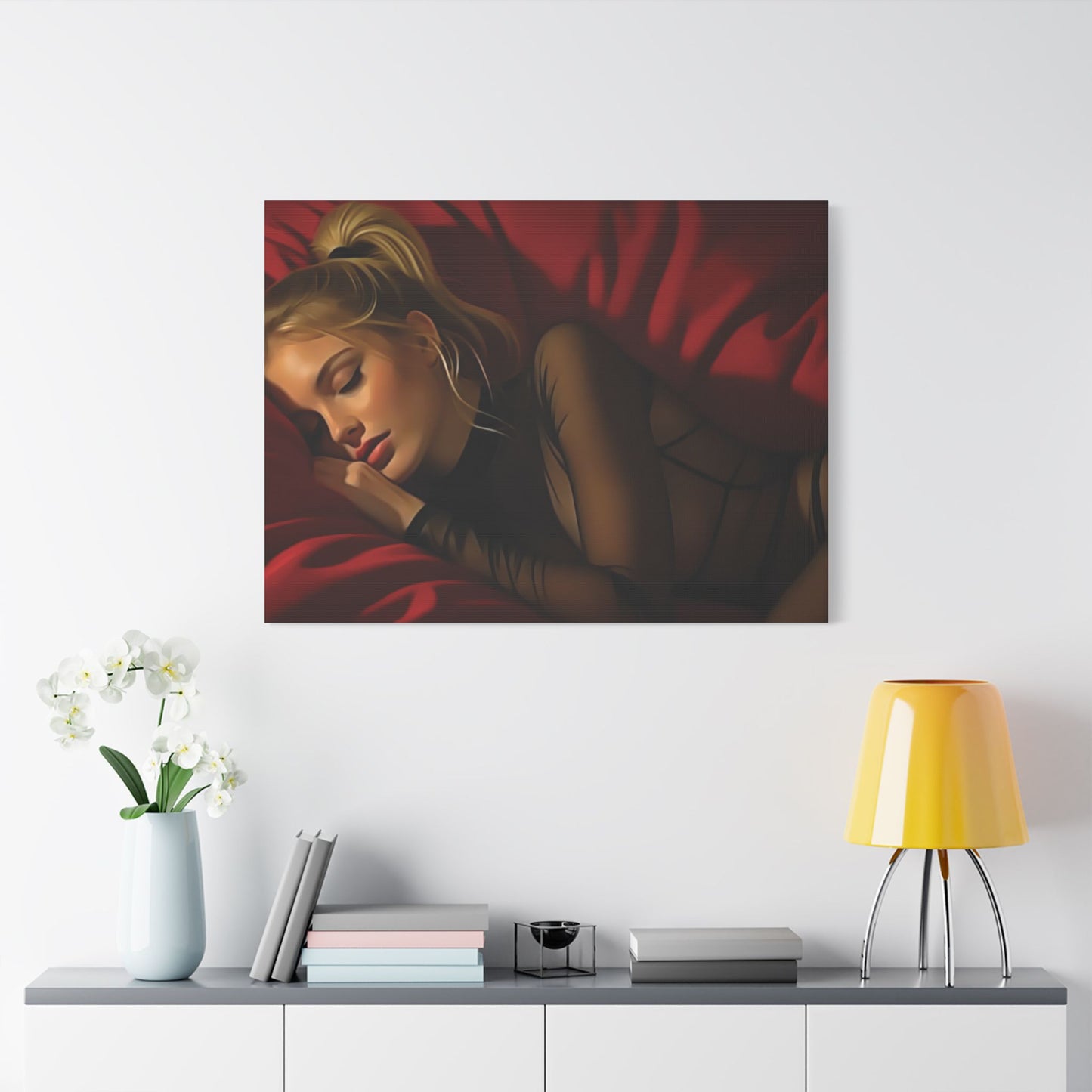 "Velvet Dreams: A Serene Portrait of Feminine Grace, Rest, and the Quiet Power of Stillness" - Elegant Satin Canvas Art Print, Bedroom Décor, Wall Art, Modern Home Decoration, Perfect Gift for Art Lovers, Relaxing Atmosphere