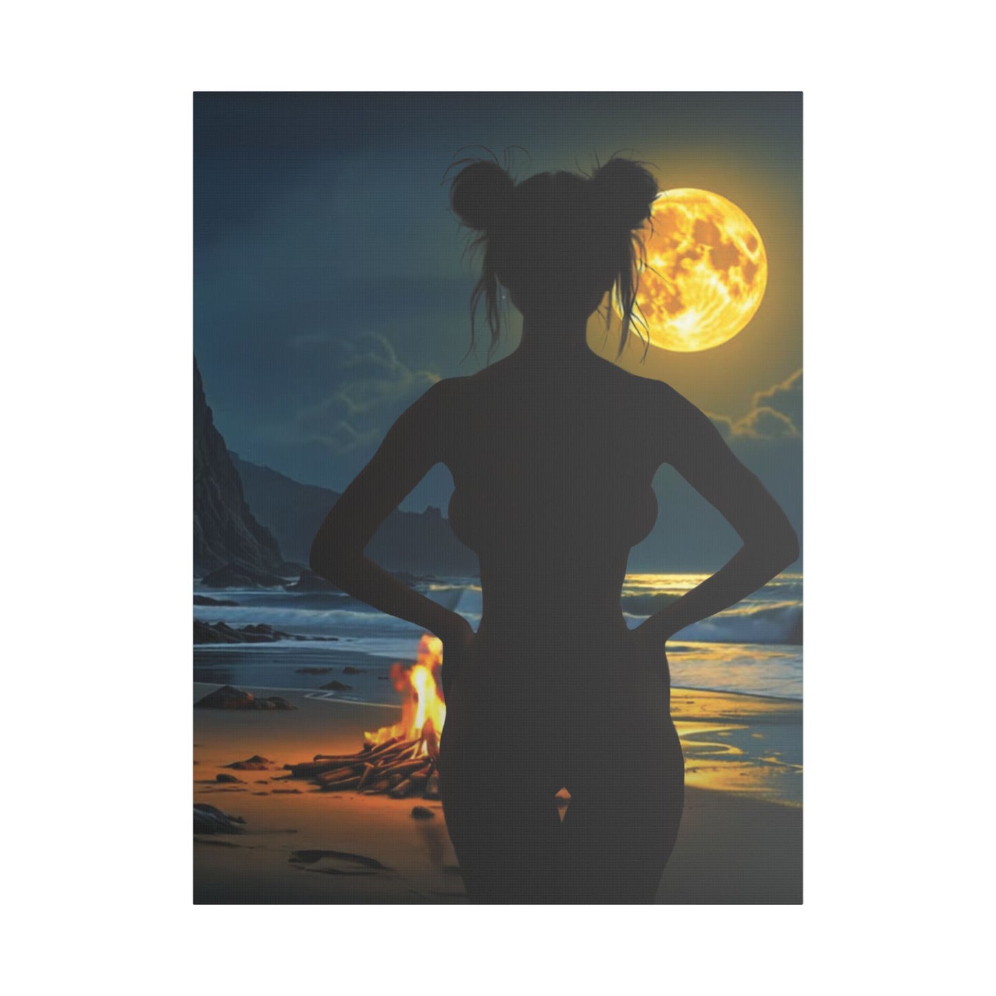 Roxie’s Midnight Swim – Moonlit Beach - Satin Canvas Print, Wall Art for Home Decor, Nighttime Serenity, Coastal Vibes, Gift for Nature Lovers, Personalized Artwork