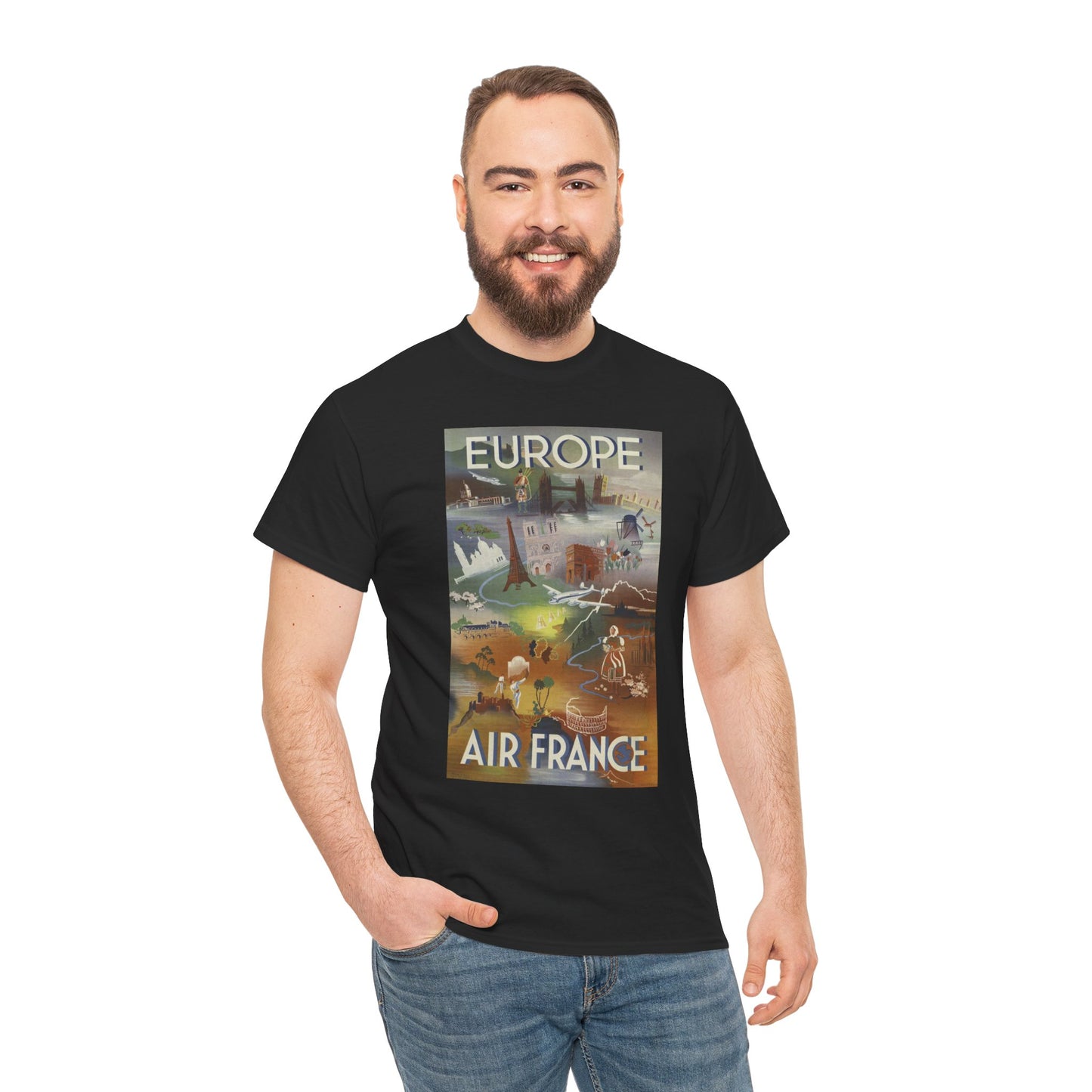 Vintage Air France 1948: Retro Travel Poster Celebrating Europe’s Beauty, Adventure, and Timeless Wanderlust - Unisex Heavy Cotton Tee