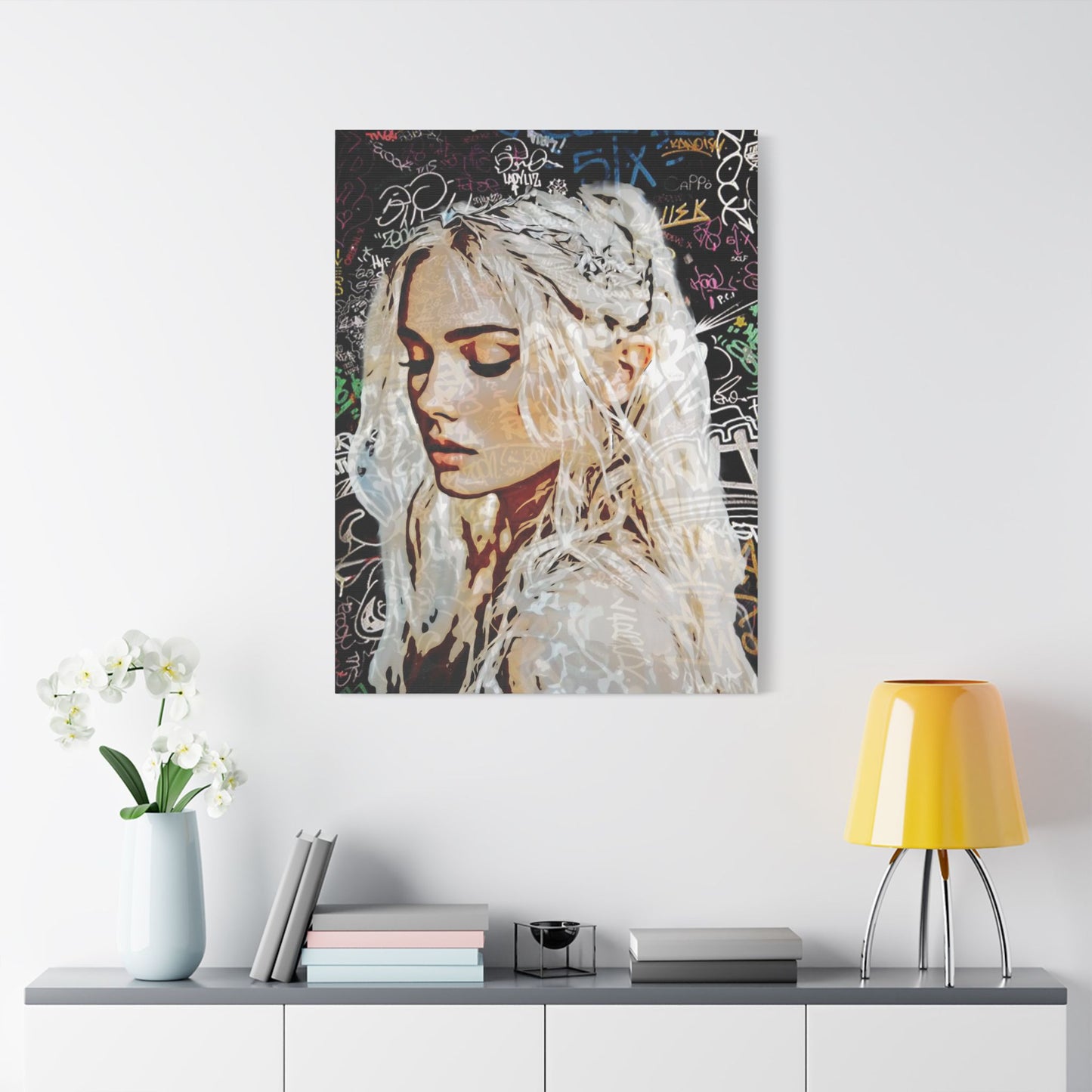 "Urban Dreams: Street Art Portrait of Hope and Beauty Emerging from City's Creative Soul" - Satin Canvas Art Print, Stretched Wall Decor, Girl Portrait, Abstract Graffiti Design, Unique Home Decor, Gift for Art Lovers