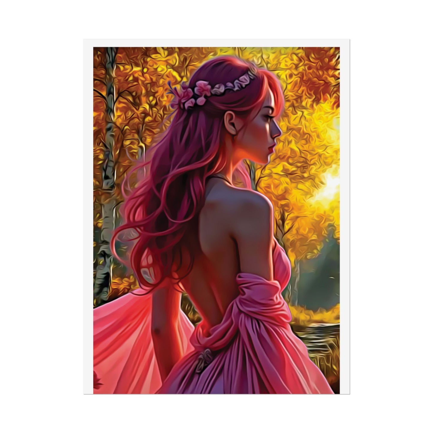 Beauty in Pink – Elegance Blossoms in Autumn Light - Enchanting Art Print, Elegant Decor, Fall Aesthetic, Feminine Wall Art, Unique Gift for Her, Boho Style Poster