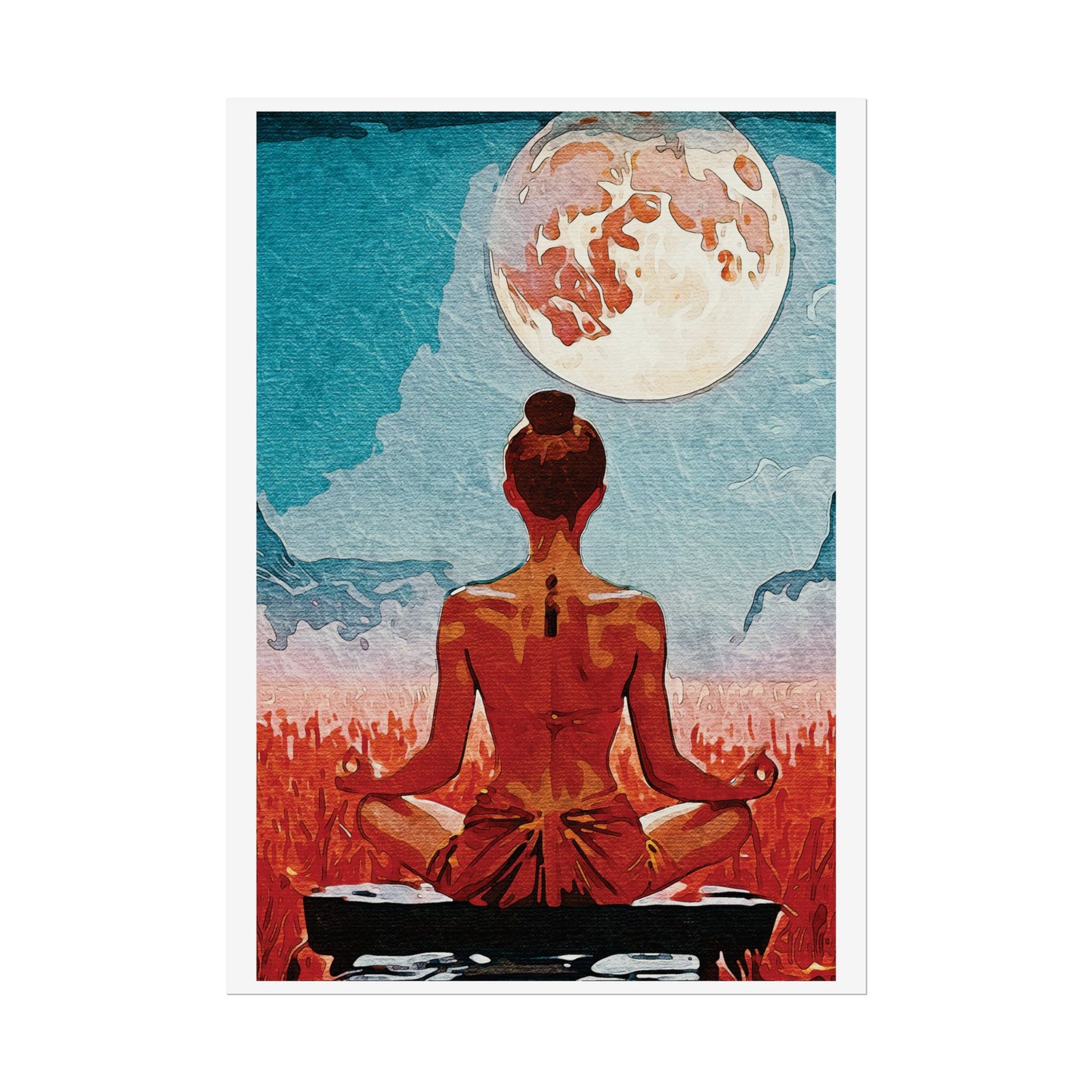 Serenity Under the Full Moon - Meditation Art Print, Zen Rolled Poster, Relaxation Decor, Spiritual Wall Art, Yoga Gift, Mindfulness Artwork