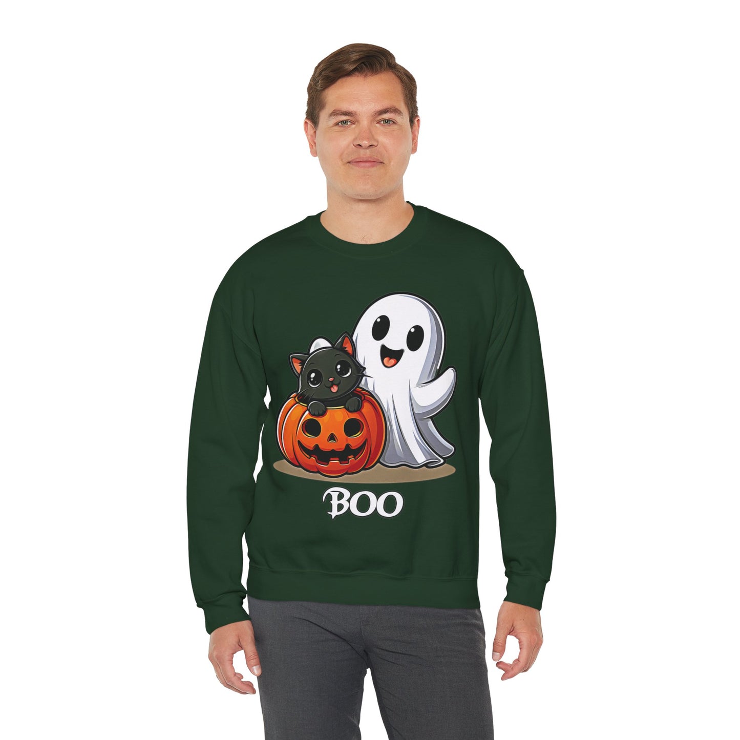 Spooky Smiles & Cozy Vibes – Halloween Boo Pumpkin Ghost Cat Edition - Cute Halloween Crewneck Sweatshirt with Ghost and Cat Design, Cozy Fall Apparel, Perfect for Spooky Season, Unisex Halloween Sweater, [...]