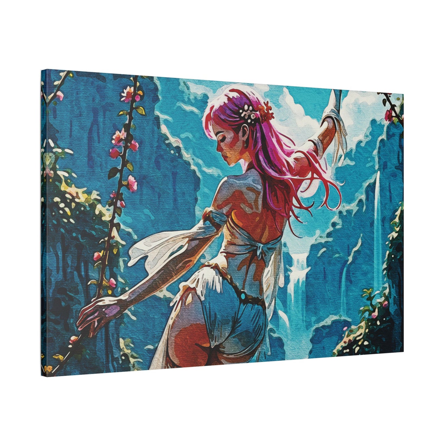 Blossom Beyond – Where Fantasy Blooms and Courage Flows 🌸🌄 - Satin Canvas Wall Art, Enchanting Fantasy Art Print, Colorful Home Decor, Bohemian Wall Hanging, Ethereal Gift Idea
