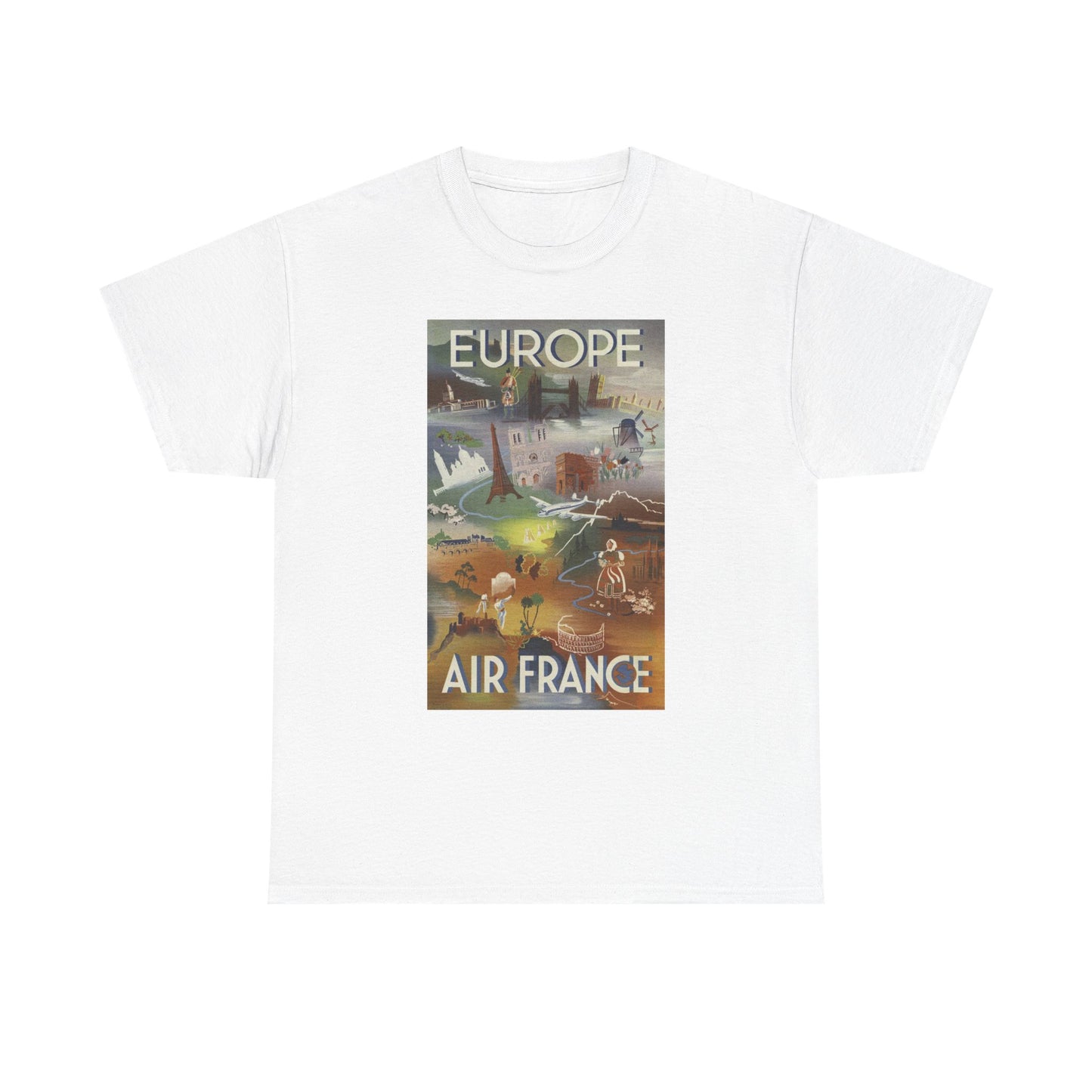 Vintage Air France 1948: Retro Travel Poster Celebrating Europe’s Beauty, Adventure, and Timeless Wanderlust - Unisex Heavy Cotton Tee