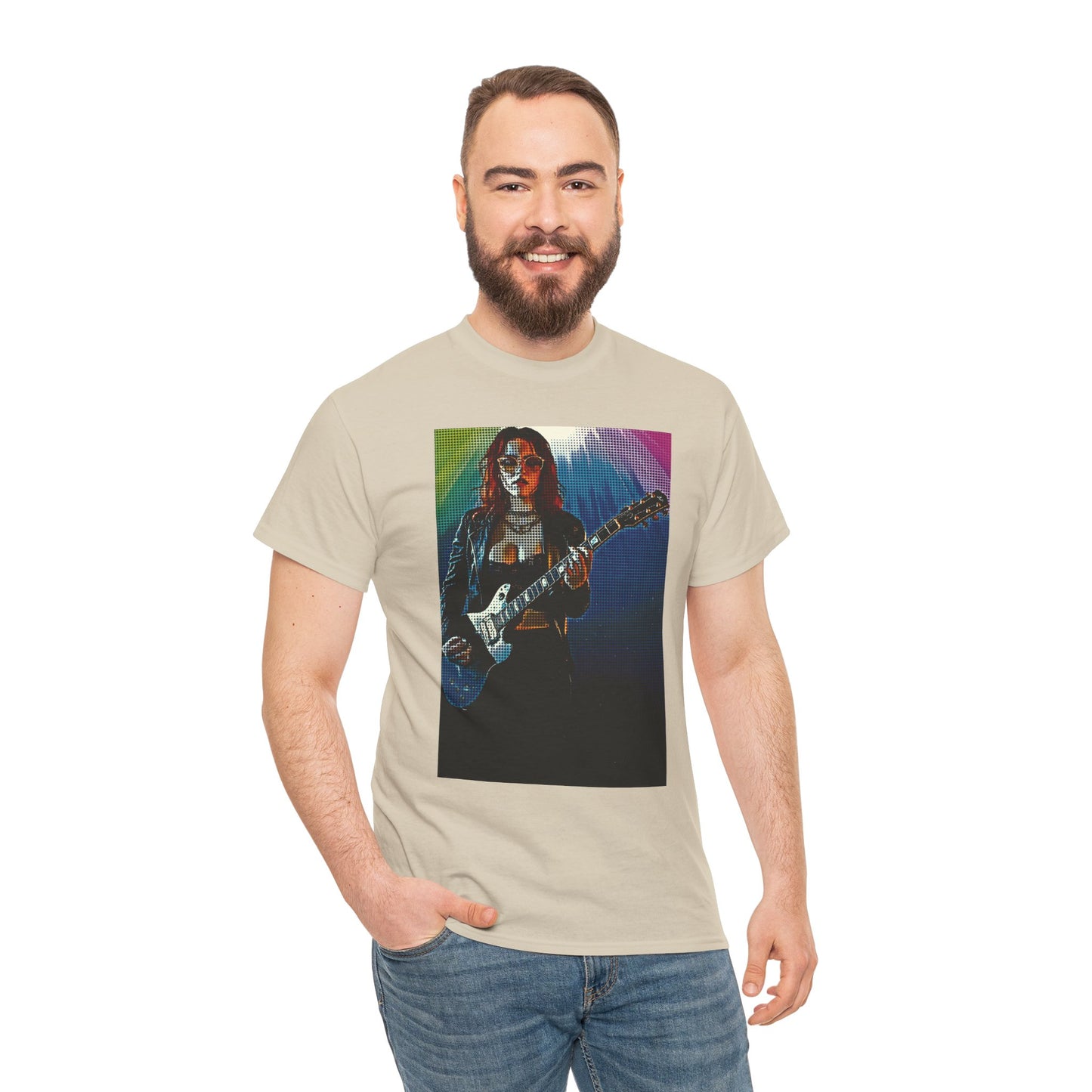 Electric Vibes: Retro Halftone Guitar Art Celebrating Music, Freedom, and Bold Self-Expression - Rock Star Unisex Heavy Cotton Tee, Music Lover Gift, Concert Apparel, Vintage Tee, Festival Wear