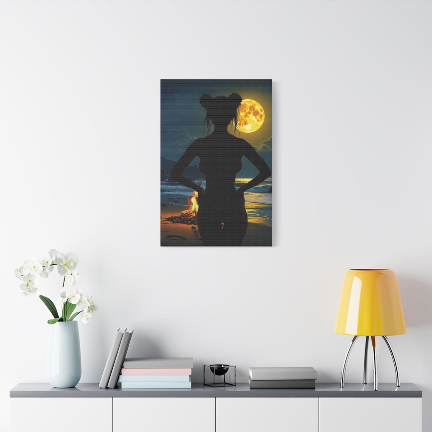 Roxie’s Midnight Swim – Moonlit Beach - Satin Canvas Print, Wall Art for Home Decor, Nighttime Serenity, Coastal Vibes, Gift for Nature Lovers, Personalized Artwork