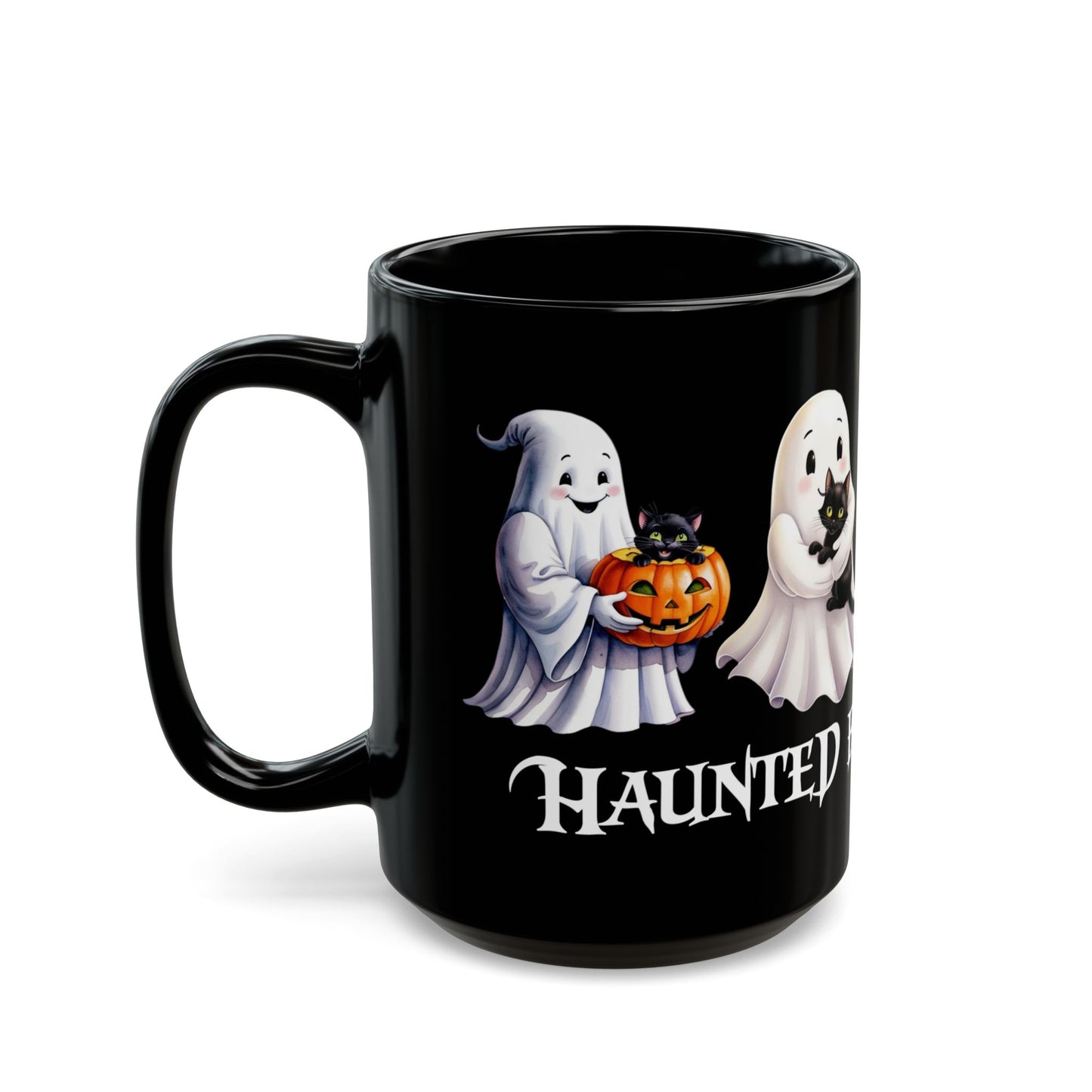 👻 Haunted by Happiness: Ghosts of Joy and Candy - Spooky Spirit Mug - Haunted by Happiness, Halloween Coffee Cup, Ghost Cat Drinkware, Trick or Treat Gift, Cute Fall Mug