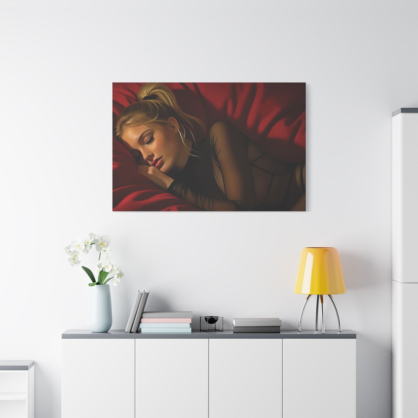 "Velvet Dreams: A Serene Portrait of Feminine Grace, Rest, and the Quiet Power of Stillness" - Elegant Satin Canvas Art Print, Bedroom Décor, Wall Art, Modern Home Decoration, Perfect Gift for Art Lovers, Relaxing Atmosphere