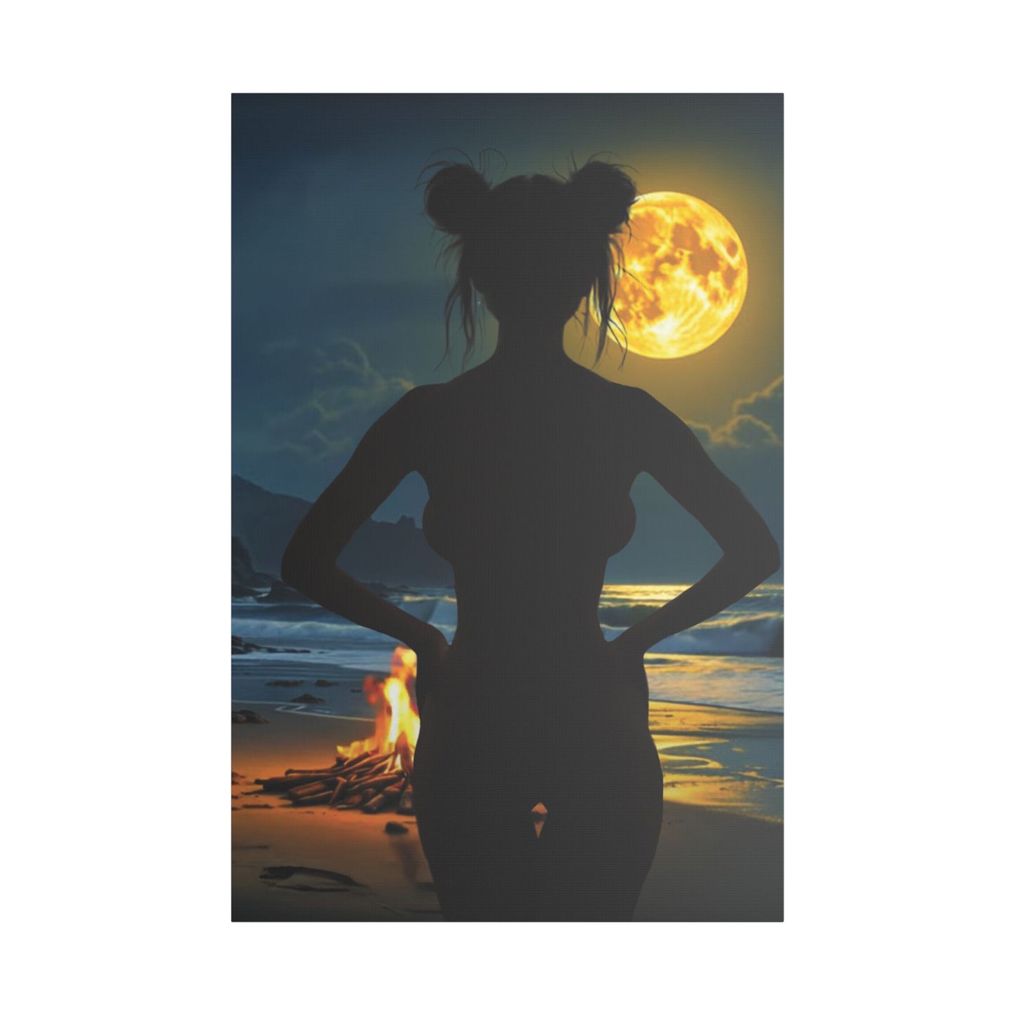 Roxie’s Midnight Swim – Moonlit Beach - Satin Canvas Print, Wall Art for Home Decor, Nighttime Serenity, Coastal Vibes, Gift for Nature Lovers, Personalized Artwork