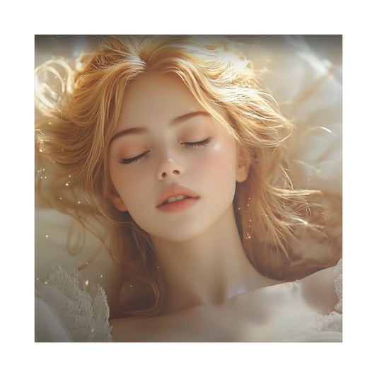 Halo Dreams – Ethereal Glow and Blonde Serenity in Stillness 🌙✨ - Satin Canvas Wall Art, Dreamy Portrait Print, Elegant Home Decor, Relaxing Bedroom Decor, Gift for Art Lovers, Serene Wall Hanging