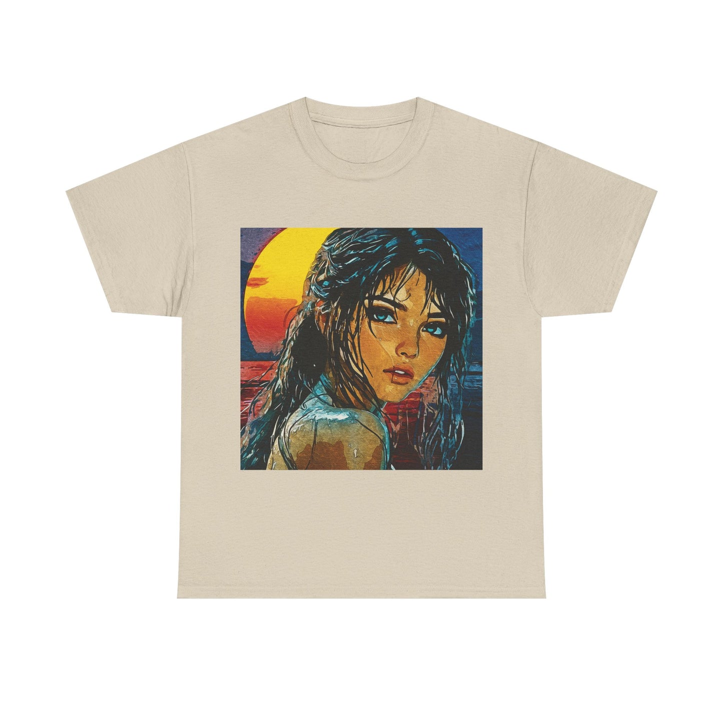 "Golden Hour Goddess: Vibrant Pop Art Vision" - Sunset Dreamer Unisex Heavy Cotton Tee - Vintage Art T-Shirt, Graphic Tee, Casual Wear, Unique Gift Idea, Summer Fashion