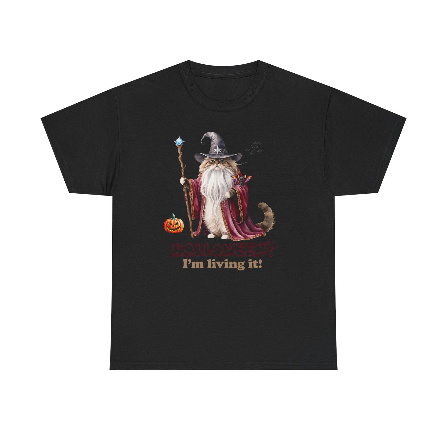 🧙 Living the Spell: Wizardry, Whimsy & Halloween CheerHalloween Wizard Cat Tee - 🎃 Spooky Unisex Cotton Shirt, Witchy T-Shirt, Fall Fashion, Gift for Cat Lovers, Halloween Costume, Relaxed Fit